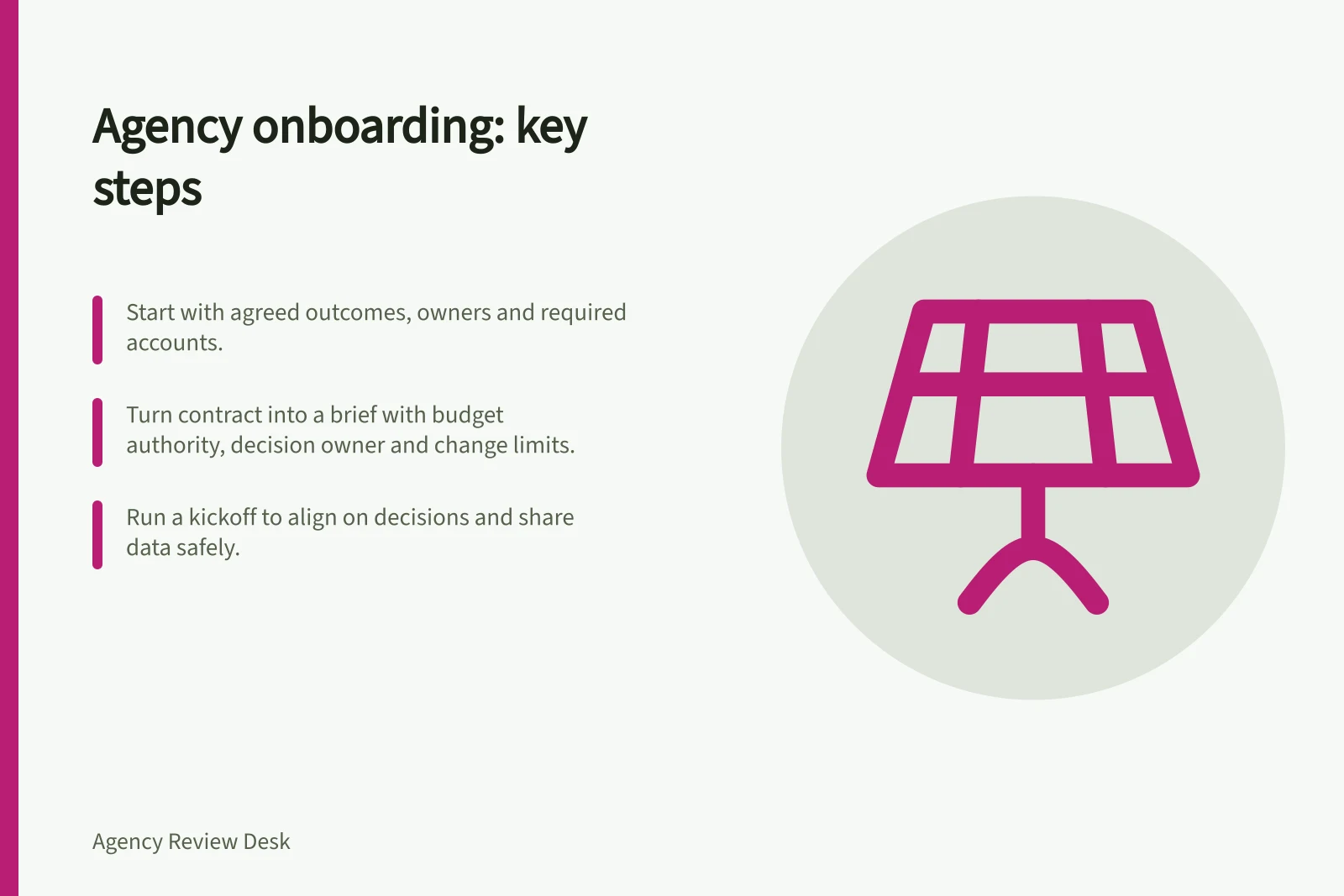 Agency onboarding: key steps: Start with agreed outcomes, owners and required accounts.; Turn contract into a brief with budget authority, decision owner and change limits.; Run a kickoff to align on decisions and share data safely.
