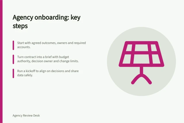 Agency onboarding: key steps: Start with agreed outcomes, owners and required accounts.; Turn contract into a brief with budget authority, decision owner and change limits.; Run a kickoff to align on decisions and share data safely. Agency onboarding