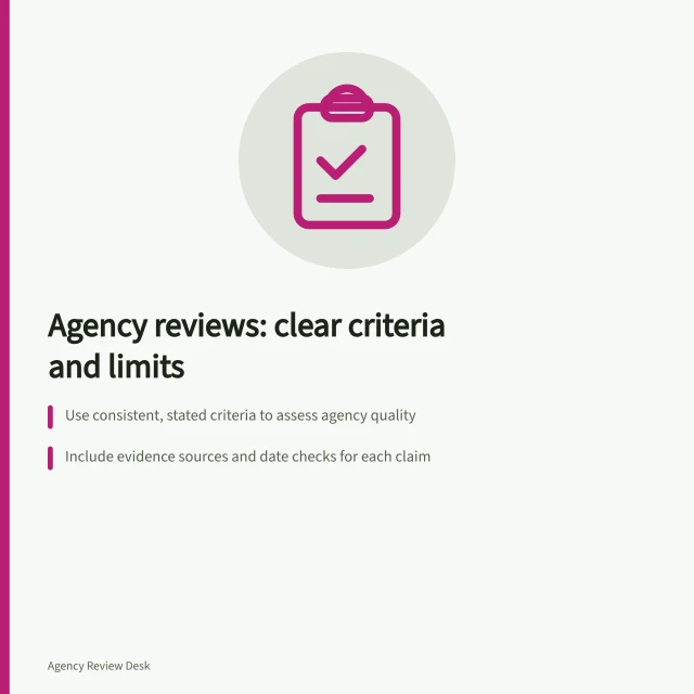 Agency reviews: clear criteria and limits: Use consistent, stated criteria to assess agency quality; Include evidence sources and date checks for each claim; Separate customer ratings from editorial scores. Agency reviews and rating methodology