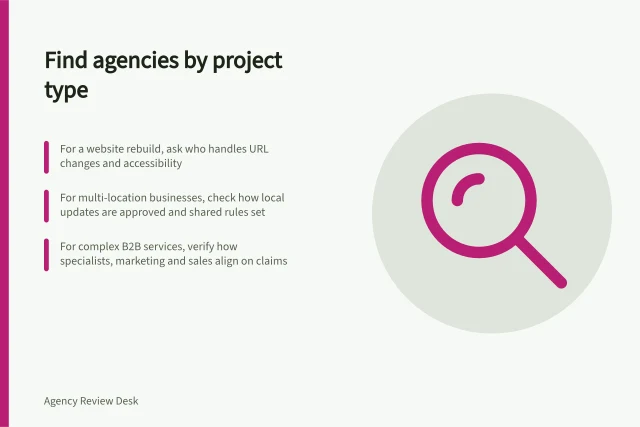 Find agencies by project type: For a website rebuild, ask who handles URL changes and accessibility; For multi-location businesses, check how local updates are approved and shared rules set; For complex B2B services, verify how specialists, marketing and sales align on claims. Agency search by project type