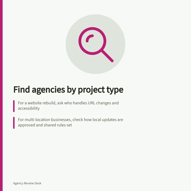 Find agencies by project type: For a website rebuild, ask who handles URL changes and accessibility; For multi-location businesses, check how local updates are approved and shared rules set; For complex B2B services, verify how specialists, marketing and sales align on claims. Agency search by project type