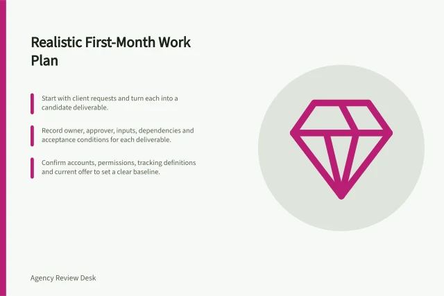 Realistic First-Month Work Plan: Start with client requests and turn each into a candidate deliverable.; Record owner, approver, inputs, dependencies and acceptance conditions for each deliverable.; Confirm accounts, permissions, tracking definitions and current offer to set a clear baseline. Agreeing on a realistic first-month work plan