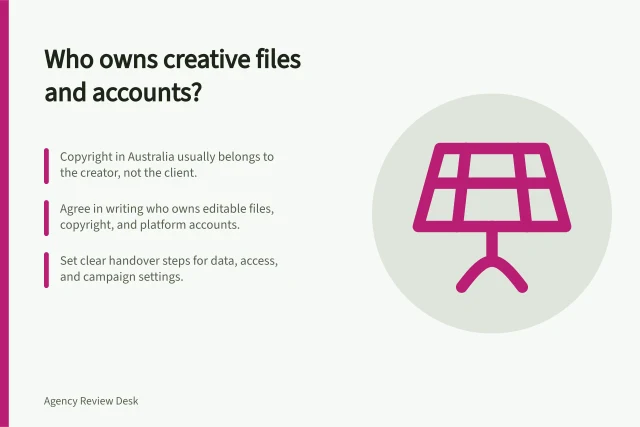 Who owns creative files and accounts?: Copyright in Australia usually belongs to the creator, not the client.; Agree in writing who owns editable files, copyright, and platform accounts.; Set clear handover steps for data, access, and campaign settings. Agreeing who owns creative files and campaign accounts