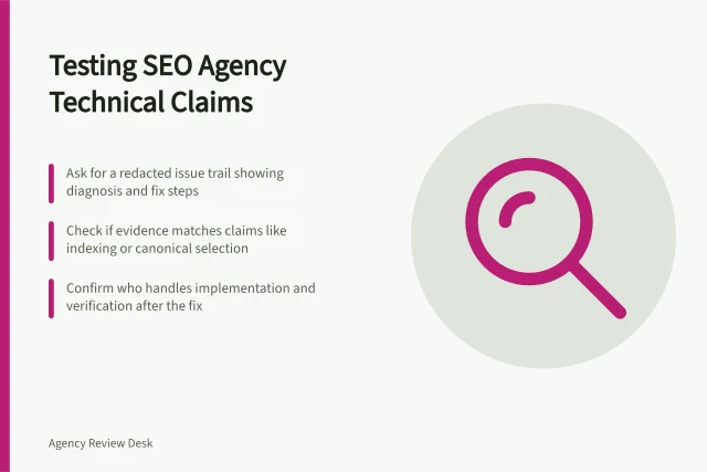 Testing SEO Agency Technical Claims: Ask for a redacted issue trail showing diagnosis and fix steps; Check if evidence matches claims like indexing or canonical selection; Confirm who handles implementation and verification after the fix. Assessing an agency's technical SEO evidence