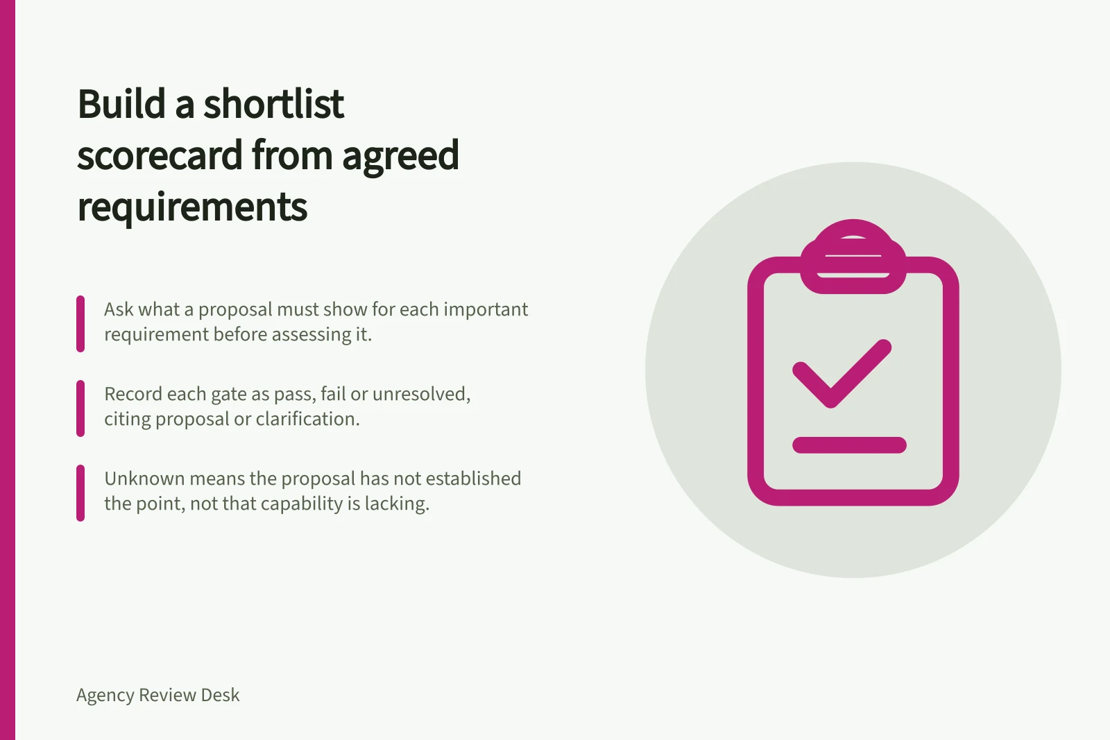 Build a shortlist scorecard from agreed requirements: Ask what a proposal must show for each important requirement before assessing it.; Record each gate as pass, fail or unresolved, citing proposal or clarification.; Unknown means the proposal has not established the point, not that capability is lacking.
