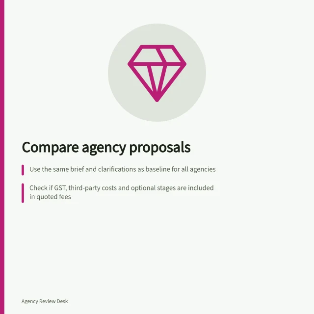 Compare agency proposals: Use the same brief and clarifications as baseline for all agencies; Check if GST, third-party costs and optional stages are included in quoted fees; Ask each agency to explain first decisions and assumptions behind their plan. Comparing agency proposals