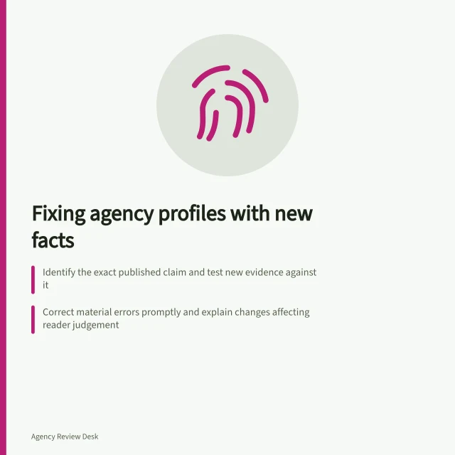 Fixing agency profiles with new facts: Identify the exact published claim and test new evidence against it; Correct material errors promptly and explain changes affecting reader judgement; Record earlier version, reason for change, and decision details. Correcting an agency profile after receiving reliable new information