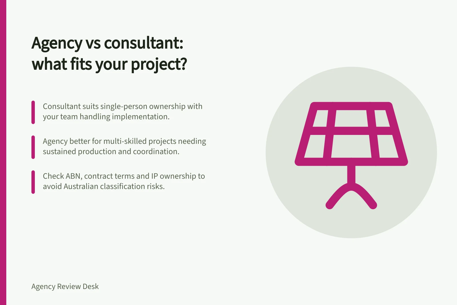 Agency vs consultant: what fits your project?: Consultant suits single-person ownership with your team handling implementation.; Agency better for multi-skilled projects needing sustained production and coordination.; Check ABN, contract terms and IP ownership to avoid Australian classification risks.