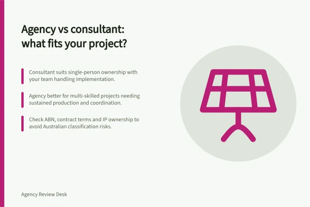 Agency vs consultant: what fits your project?: Consultant suits single-person ownership with your team handling implementation.; Agency better for multi-skilled projects needing sustained production and coordination.; Check ABN, contract terms and IP ownership to avoid Australian classification risks. Deciding whether to hire an agency or an independent consultant