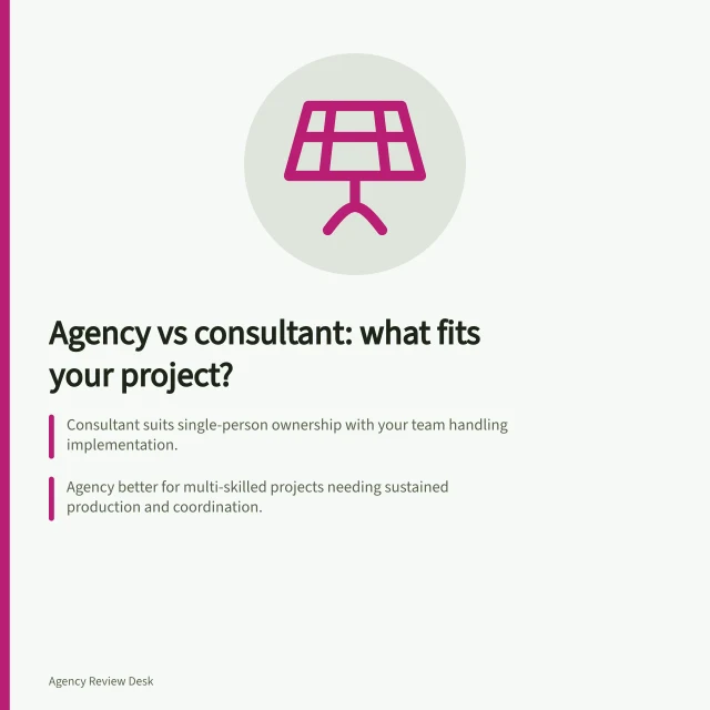 Agency vs consultant: what fits your project?: Consultant suits single-person ownership with your team handling implementation.; Agency better for multi-skilled projects needing sustained production and coordination.; Check ABN, contract terms and IP ownership to avoid Australian classification risks. Deciding whether to hire an agency or an independent consultant