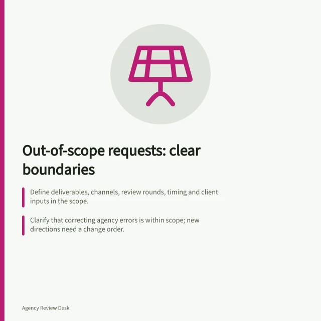 Out-of-scope requests: clear boundaries: Define deliverables, channels, review rounds, timing and client inputs in the scope.; Clarify that correcting agency errors is within scope; new directions need a change order.; Use ACCC guidelines to ensure contract terms are fair and transparent. Defining what counts as an out-of-scope request