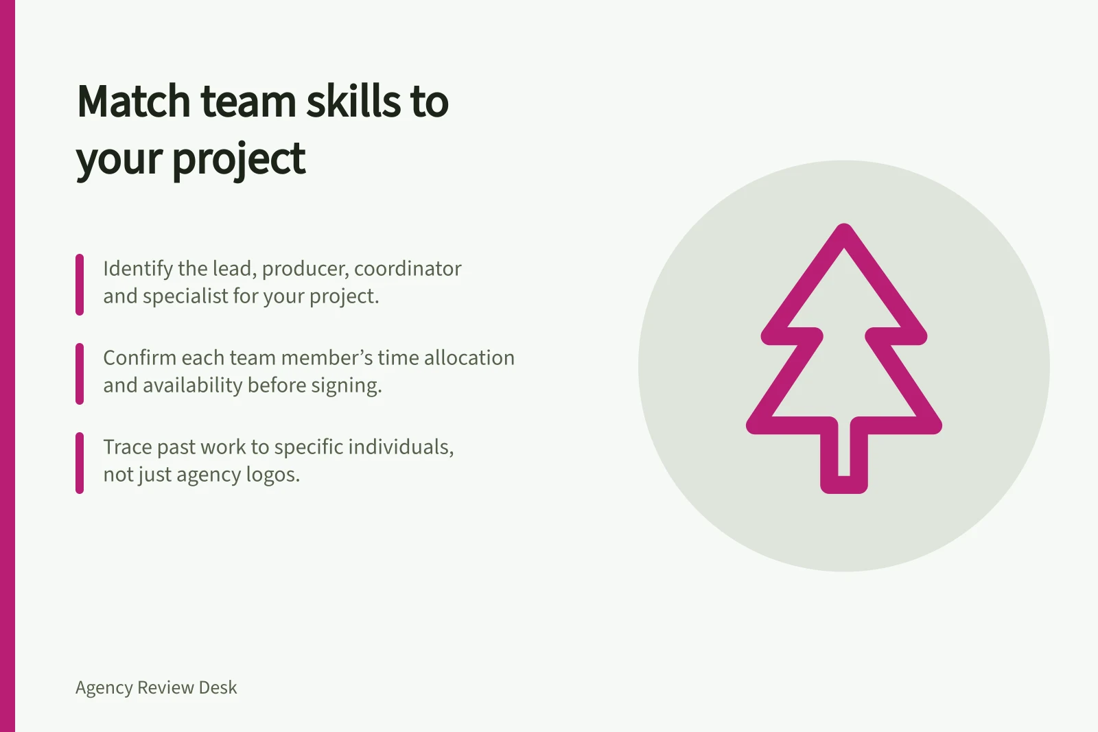 Match team skills to your project: Identify the lead, producer, coordinator and specialist for your project.; Confirm each team member’s time allocation and availability before signing.; Trace past work to specific individuals, not just agency logos.