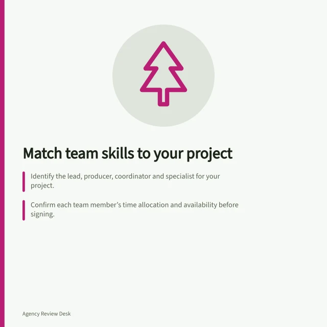 Match team skills to your project: Identify the lead, producer, coordinator and specialist for your project.; Confirm each team member’s time allocation and availability before signing.; Trace past work to specific individuals, not just agency logos. Distinguishing agency team experience from company branding