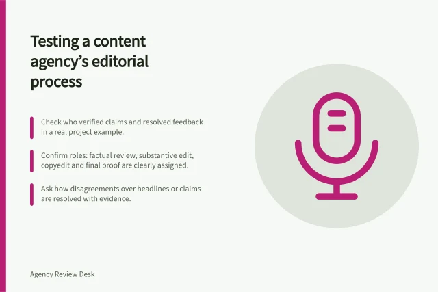 Testing a content agency’s editorial process: Check who verified claims and resolved feedback in a real project example.; Confirm roles: factual review, substantive edit, copyedit and final proof are clearly assigned.; Ask how disagreements over headlines or claims are resolved with evidence. Evaluating a content agency's editorial process