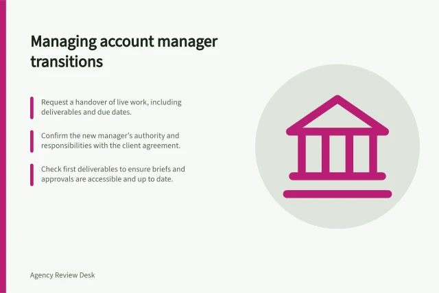 Managing account manager transitions: Request a handover of live work, including deliverables and due dates.; Confirm the new manager’s authority and responsibilities with the client agreement.; Check first deliverables to ensure briefs and approvals are accessible and up to date. Handling a change of account manager