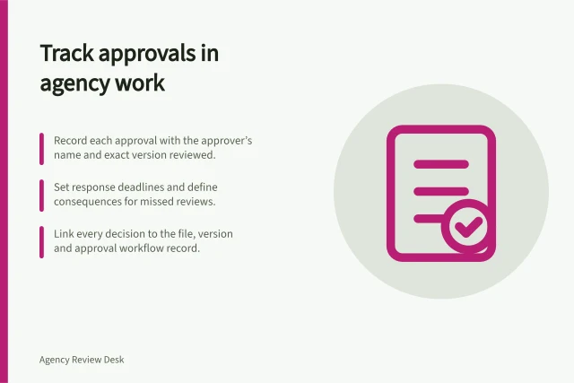 Track approvals in agency work: Record each approval with the approver’s name and exact version reviewed.; Set response deadlines and define consequences for missed reviews.; Link every decision to the file, version and approval workflow record. Recording the approval process in an agency engagement