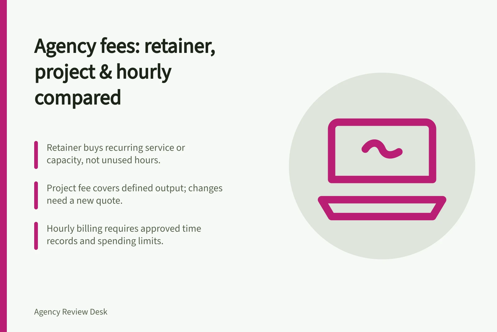 Agency fees: retainer, project & hourly compared: Retainer buys recurring service or capacity, not unused hours.; Project fee covers defined output; changes need a new quote.; Hourly billing requires approved time records and spending limits.