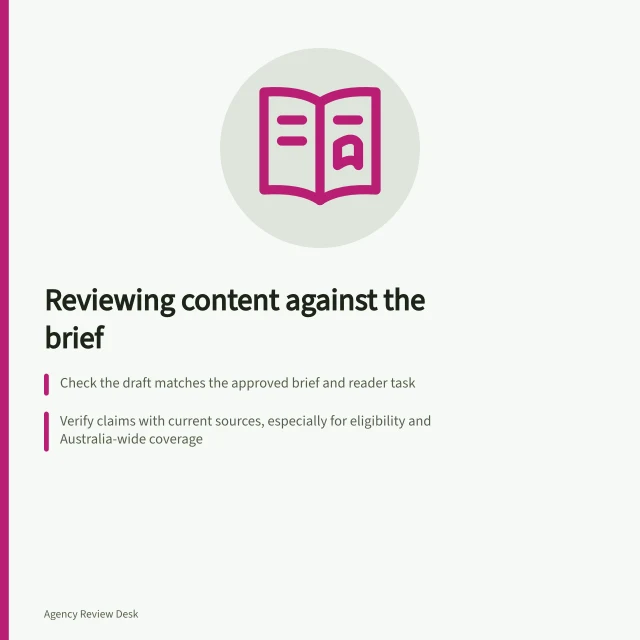 Reviewing content against the brief: Check the draft matches the approved brief and reader task; Verify claims with current sources, especially for eligibility and Australia-wide coverage; Send feedback on one version, specifying passage, problem and acceptance condition. Reviewing a content deliverable against the brief