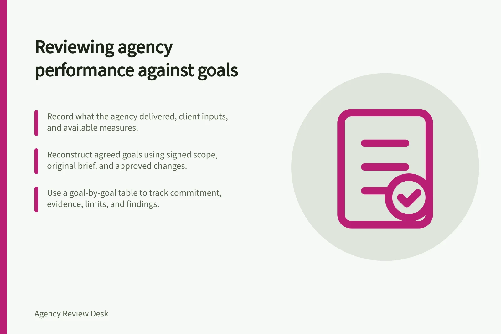 Reviewing agency performance against goals: Record what the agency delivered, client inputs, and available measures.; Reconstruct agreed goals using signed scope, original brief, and approved changes.; Use a goal-by-goal table to track commitment, evidence, limits, and findings.