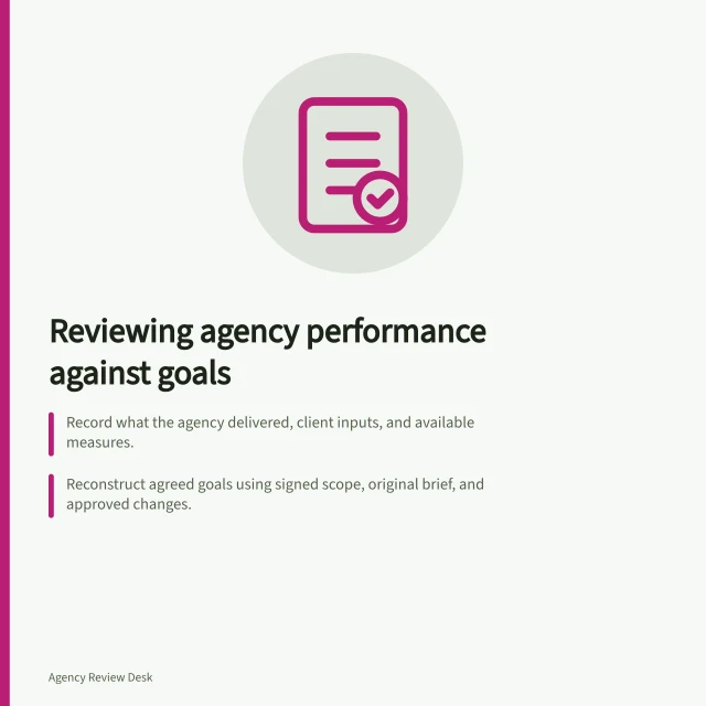 Reviewing agency performance against goals: Record what the agency delivered, client inputs, and available measures.; Reconstruct agreed goals using signed scope, original brief, and approved changes.; Use a goal-by-goal table to track commitment, evidence, limits, and findings. Reviewing an agency against the original engagement goals
