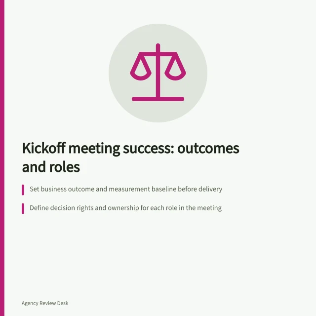 Kickoff meeting success: outcomes and roles: Set business outcome and measurement baseline before delivery; Define decision rights and ownership for each role in the meeting; Use a 75-minute agenda with clear time slots for scope and workstreams. Running a kickoff around outcomes and responsibilities