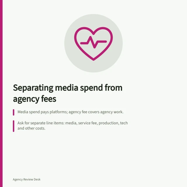 Separating media spend from agency fees: Media spend pays platforms; agency fee covers agency work.; Ask for separate line items: media, service fee, production, tech and other costs.; Confirm GST and fee calculation method before approving budget. Separating media spend from agency service fees: bill check