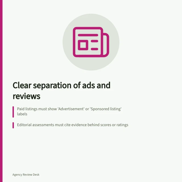 Clear separation of ads and reviews: Paid listings must show 'Advertisement' or 'Sponsored listing' labels; Editorial assessments must cite evidence behind scores or ratings; ACCC investigates misleading online reviews and manipulations. Separating paid listings from editorial assessments