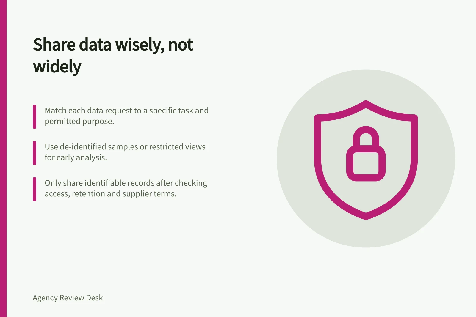Share data wisely, not widely: Match each data request to a specific task and permitted purpose.; Use de-identified samples or restricted views for early analysis.; Only share identifiable records after checking access, retention and supplier terms.