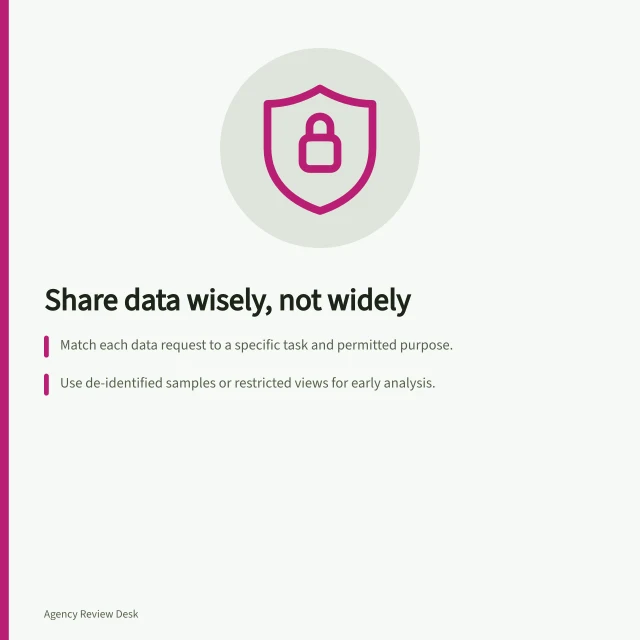 Share data wisely, not widely: Match each data request to a specific task and permitted purpose.; Use de-identified samples or restricted views for early analysis.; Only share identifiable records after checking access, retention and supplier terms. Sharing business context without exposing unnecessary data
