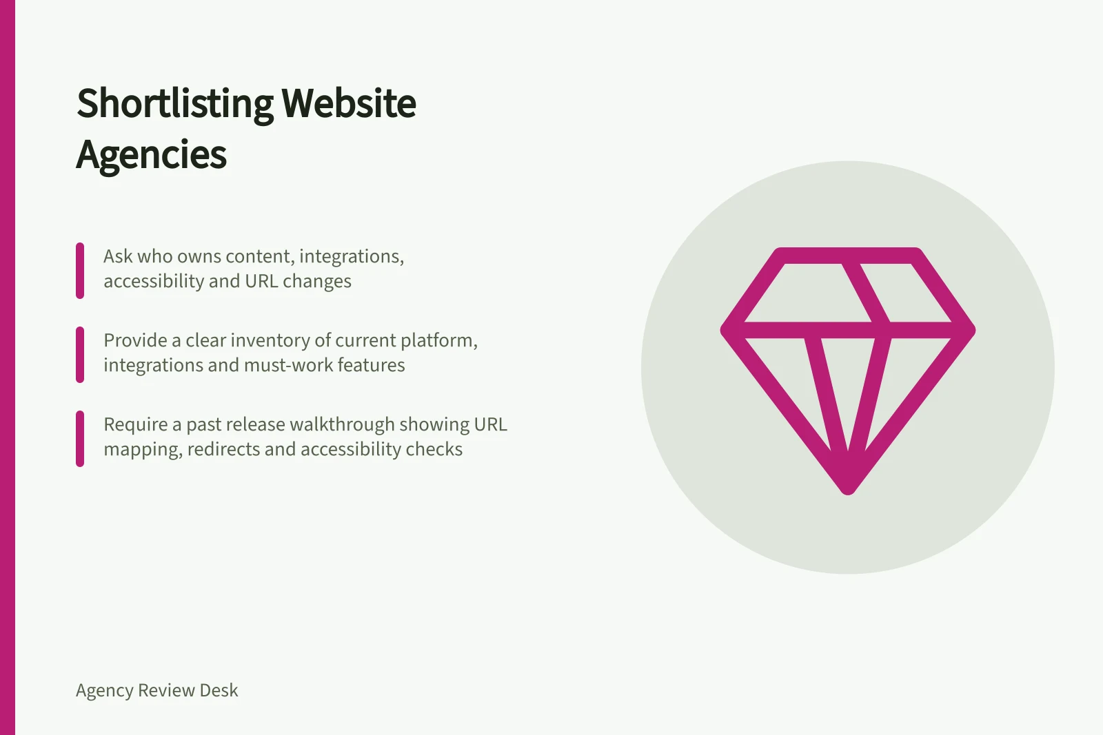 Shortlisting Website Agencies: Ask who owns content, integrations, accessibility and URL changes; Provide a clear inventory of current platform, integrations and must-work features; Require a past release walkthrough showing URL mapping, redirects and accessibility checks