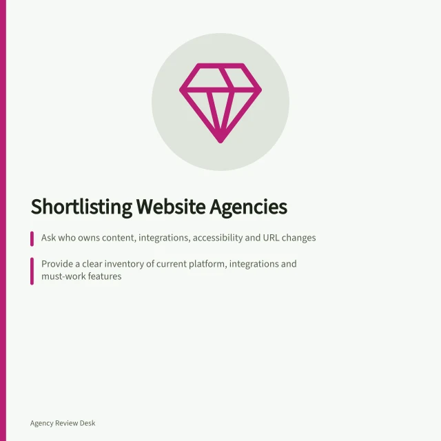 Shortlisting Website Agencies: Ask who owns content, integrations, accessibility and URL changes; Provide a clear inventory of current platform, integrations and must-work features; Require a past release walkthrough showing URL mapping, redirects and accessibility checks. Shortlisting agencies for a website rebuild