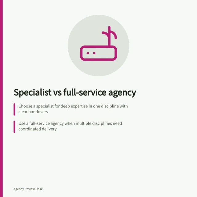 Specialist vs full-service agency: Choose a specialist for deep expertise in one discipline with clear handovers; Use a full-service agency when multiple disciplines need coordinated delivery; Include internal coordination time when comparing costs and effort. Specialist agency versus full-service agency