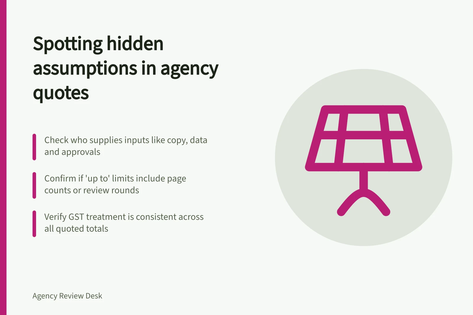 Spotting hidden assumptions in agency quotes: Check who supplies inputs like copy, data and approvals; Confirm if 'up to' limits include page counts or review rounds; Verify GST treatment is consistent across all quoted totals