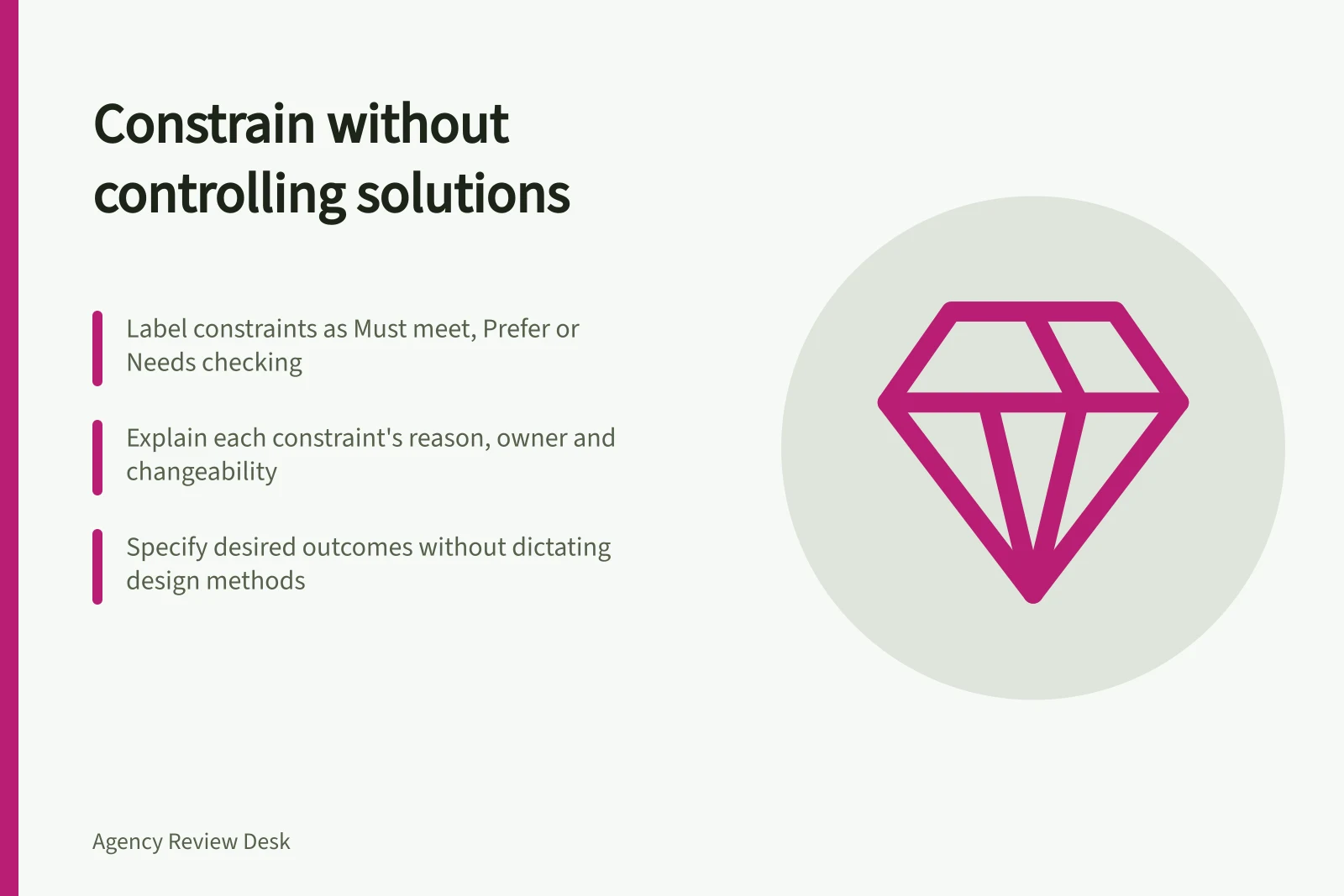 Constrain without controlling solutions: Label constraints as Must meet, Prefer or Needs checking; Explain each constraint's reason, owner and changeability; Specify desired outcomes without dictating design methods