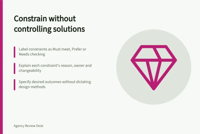 Constrain without controlling solutions: Label constraints as Must meet, Prefer or Needs checking; Explain each constraint's reason, owner and changeability; Specify desired outcomes without dictating design methods. Stating constraints without prescribing every solution