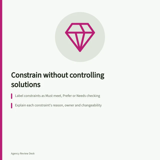 Constrain without controlling solutions: Label constraints as Must meet, Prefer or Needs checking; Explain each constraint's reason, owner and changeability; Specify desired outcomes without dictating design methods. Stating constraints without prescribing every solution