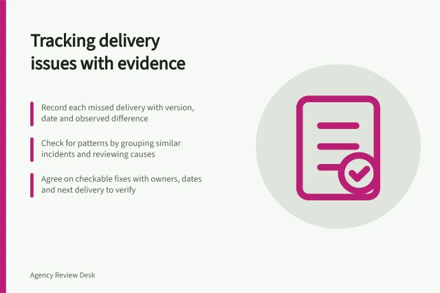 Tracking delivery issues with evidence: Record each missed delivery with version, date and observed difference; Check for patterns by grouping similar incidents and reviewing causes; Agree on checkable fixes with owners, dates and next delivery to verify. Tracking repeated delivery problems with evidence