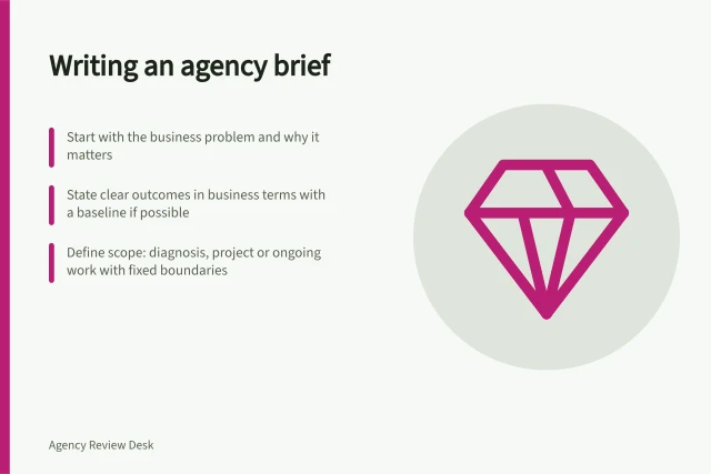 Writing an agency brief: Start with the business problem and why it matters; State clear outcomes in business terms with a baseline if possible; Define scope: diagnosis, project or ongoing work with fixed boundaries. Writing an agency brief